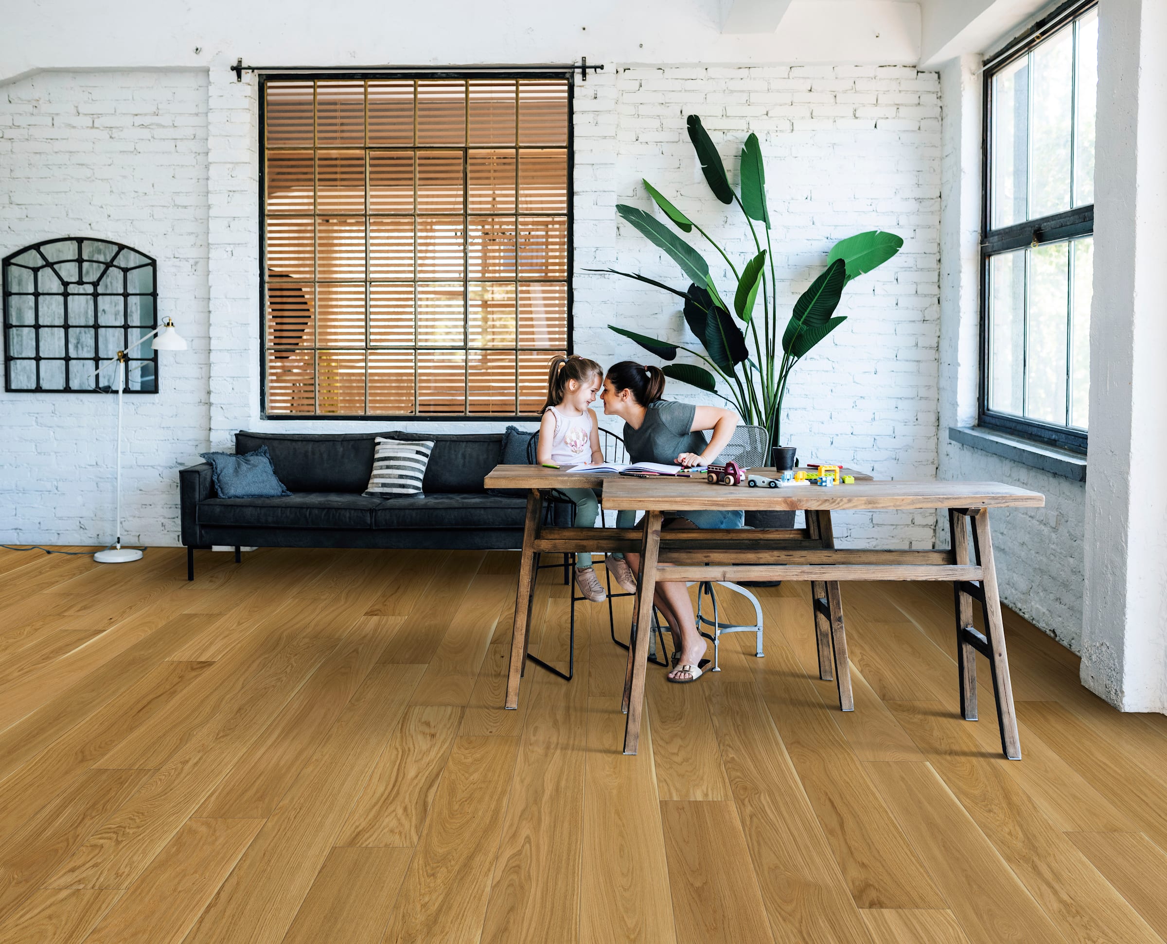 Kährs Canvas Wide Collection Oak Ecru Wide engineered hardwood in a bright Canadian interior
